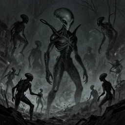 illustration of an alien invasion, dark fantasy, by greg rutkowski