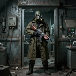 UHD hyperrealistic photorealistic detailed image of a man in a longcoat and gas mask wielding an AN-94 from the Stalker video game series standing in front of an laboratory door, in a ruined and dark underground lab  by Ayami Kojima Amano Karol Bak, Greg Hildebrandt and Mark Brooks