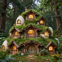stacks of egg - shaped wooden hobbit houses, windows lit up, roof covered by lush of grass and shubs, super fine details, in the middle of the forest, realistic, cg render