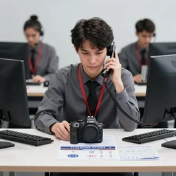 A networking engineer passed out on their desk is tasked with another dead end support call on the phone, Stock Photo, Canon EOS R3, f/1.4, ISO 200, 1/160s, 8K, RAW, unedited, symmetrical balance, in-frame