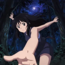 anime key visual, young woman traveling in a forest at night, night sky, very dark, cute face by ilya kuvshinov, yoh yoshinari, dynamic pose, dynamic perspective, rounded eyes, kyoani, smooth facial features, dramatic lighting, tatami galaxy, takashi murakami