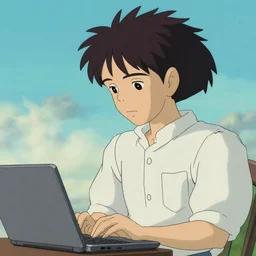 tan-skinned guy with shoulder length black hair using a laptop, looking down, art by hayao miyazaki, studio ghibli film, twitter pfp
