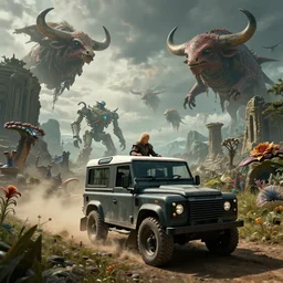 Land Rover Defender 110 (1985), The Elder Scrolls III: Morrowind, dwemer Akulakhan robot in the distance, ancient dwemer ruins, an epic fantasy, dramatic lighting, cinematic, establishing shot, extremely high detail, photorealistic, cinematic lighting, artstation, by simon stalenhag, the Nerevarine drives across Morrowind, strange flora, strange fauna, Bull Netch floating around, Morrowind fauna prominent across the landscape