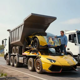 a lamborghini towed by a dump truck, hyper realistic, extremely detailed, raytracing, art by artgerm, greg rutkowski and alphonse mucha, artstation, octane render