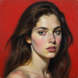 portrait of gorgeous brunette, red background, ultra detailed, extreme close up, oil on canvas, dynamic, strong shadows, 4 k, illustration, by magritte, kehinde wiley, kadir nelson, edward hopper