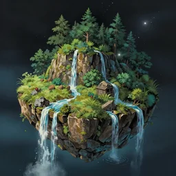 a small crumbling island with waterfalls flowing off the island, floating in space, studio ghibli, digital art, detailed, depth of field