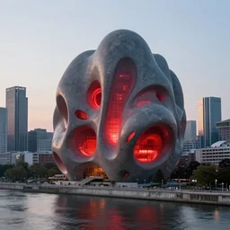 An epic architectural rendering of a blob shaped trypophobia house with a mysterious red glow emitting from inside in a modern cityscape next to a river, by Zaha Hadid and Martin Johnson Heade and Greg Rutkowski, stunning, gorgeous, golden ratio, photorealistic, featured on artstation, 4k resolution