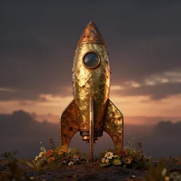 a rusty rocket made of gold and flowers, sunset, hazy, volumetric lighting, rtx on, washed out dark colors, an award - winning digital render, beautiful, stunning, ultradetailed, great composition