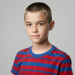 red blue stripes t shirt attractive teenager buzz cut hunter eyes high - quality highly detailed photo realistic 8 k