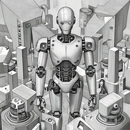“geometrically incomprehensible surreal order of robot world, extremely high detail, photorealistic, intricate line drawings, dotart, album art in the style of James Jean”