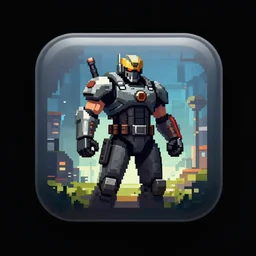 app icon for the game metal gear rising : revengeance. glossy. black bg. award winning app icon art. goty.. square with round beveled edges. glossy. 8 - bit. 1 6 - bit. 3 2 - bit. digital art. character, scene, situation, setting. homescreen app icon. pixel - art iphone android phone app.