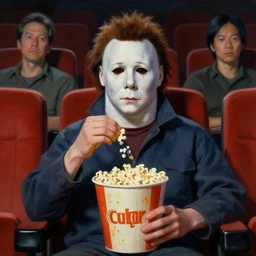 painting of Michael Myers sitting in a row of movie theater seats eating popcorn, sharp focus, face focused, trending on ArtStation, masterpiece, by Greg Rutkowski, by Ross Tran, by Fenghua Zhong, octane, soft render, oil on canvas, moody lighting, high contrast, cinematic, pics that go hard, professional environmental concept art
