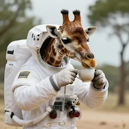 a realistic prohotgraph of a giraffe astronaut drinking tea with queen isabel