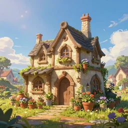 an illustration of the small medieval fantasy garden house in a town with many cute flower pots and beautiful blue sky scenery, cinematic view, epic sky, detailed, concept art, low angle, high detail, warm lighting, volumetric, godrays, vivid, beautiful, trending on artstation, by jordan grimmer, huge scene, grass, art greg rutkowski