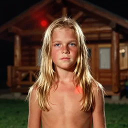 6 0 year old linus roache with long blond hair, missing shirt, red lens flare, log cabin background, nighttime, cinestill 8 0 0 t, 1 9 8 0 s movie still, film grain