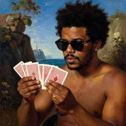 the weeknd wearing sunglasses and playing cards by botticelli, brown skin, classical painting, digital painting, romantic, vivid color, oil painting