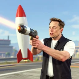 Elon Musk in GTA V using a rocket launcher, gameplay screenshot