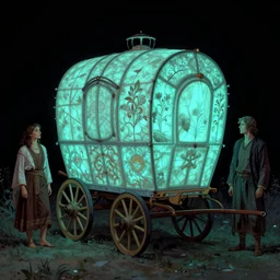 a luminescent gypsy caravan by paolo eleuteri serpieri and tomer hanuka and chesley bonestell and daniel merriam and tomokazu matsuyama, unreal engine, high resolution render, featured on artstation, octane, 8 k, highly intricate details, vivid colors, vector illustration