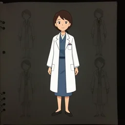 full body character design sheet, realistic preparations, japanese scientists woman, simplified cartoon character by comedy central. dark lighting, lowkey lighting