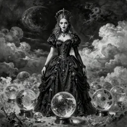 By Tom Bagshaw, ultra realist soft painting of a curiosities carnival transparent glass spheres by night, very beautiful female dollpunk in full gothic dress, symmetry accurate features, very intricate details, omnious sky, black and white, volumetric light clouds