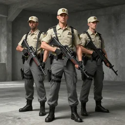 zombie security guard officers in beige uniform and caps with background brutalist concrete interior trending on artstation digital painting highly detailed gray pants 4 k 8 k holding bullpups hd by greg rutkowski