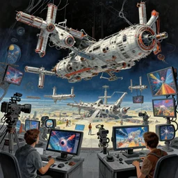 hardmesh - mechlab, many screens, incredibly creative atmosphere, cameras, cinema, spaceport, spacestation, cinematic illustration by moebius, masterpiece