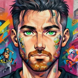 beautiful anime of bold head with short beard and green eyes, by sherree valentine daines, peter mohrbacher, alice neel, donato giancola, mike winkelmann, laurie greasley. trending on artstation, 8 k, masterpiece, graffiti, fine detail, full of color, intricate detail, golden ratio illustration, face detail