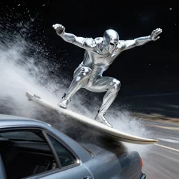 silver surfer surfing on top of a car in space, heavy motion blur, steve ditko, 4k