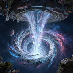 the machine universe encounters a living cosmos inside an asymmetric orthogonal non - euclidean upside down inside out world with an infinite cosmic spiral waterfall of living information, inspired by android jones, hyperrealistic, digital art, futuristic sci - fi concept art, rendered in cinema 4 d, cryengine 4 k