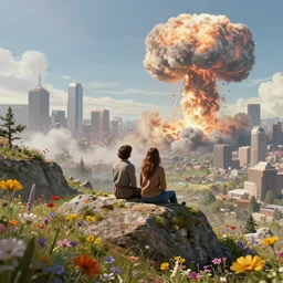 a man and a woman sitting together on top of a rock covered hillside with flowers watching a nuclear explosion in a distant city with skyscrapers, a detailed matte painting by filip hodas, sharp focus, cgsociety, fantasy art, cinematic, artstation hq, vfxfriday, dystopian art, unreal engine 5