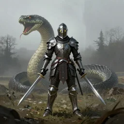 a matte painting, a helmeted female warrior, wearing battle worn ((power)) armor, wielding twin swords, a large snake monster in the mist, the forest plains of north yorkshire, good value control, concept art, digital painting, sharp focus, knight!!, symmetrical, single character full body, 4k, illustration, glowing eyes, rule of thirds, centered, moody colors, moody lighting,
