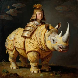 a half boy half rhino made of spaghetti, intricate armor made of spaghetti fractals, ancient warrior, samurai style, standing on a hill, by giuseppe arcimboldo and ambrosius benson, renaissance, intricate and intense oil paint, a touch of beksinski, realistic