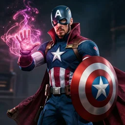photograph of captain america casting spells through his shield, wearing doctor strange's outfit, nvidia, highly detailed, concept art, illustration, cinematic