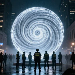policemen protect and guard a huge spiral - shaped luminous object right in the center of the city from protesting people, night, rain and light fog, professional lighting, concept art in 3 d, high detail, professional lighting