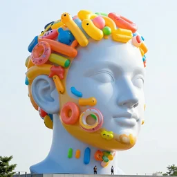 a giant sculpture made out of inflatable pool toys in a human head shape, on the surface of the ocean, in the style of chad knight, long shot, hyper detailed, hyper realistic, ray tracing, 8 k resolution, sharp focus, realistic water, award winning sculpture