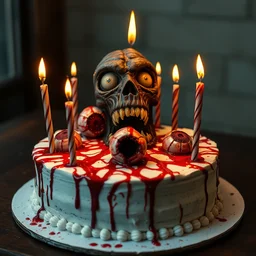 a scary monster anniversary cake with candles veins eyeballs, very disgusting, photo