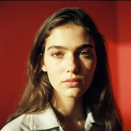 film photography from 7 0 s, close - up portrait, young fashion model, red room, soft light, golden hour, in style of street photography from 1 9 7 0