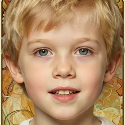 portrait of 1 5 - year - old boy with blonde hair, round - face, with long toothed,, hyper realistic face, beautiful eyes, close up, fantasy art, in the style of greg rutkowski, intricate, alphonse mucha, hyper detailed, smooth