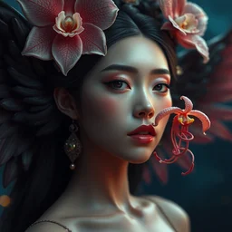hyperrealism, night background, super zoom, goddess woman close - up beautiful face portrait real human, jellyfish!! phoenix crow wings! giant orchid!!, artwork by tooth wu and wlop. octane render, trending on artstation, greg rutkowski cinematic, hyper realism, high detail, octane render, 8 k