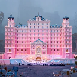 biomaterial, architecture, futuristic, neon, pastel colors, hd 8 k, digital design, attention to details, abandoned, grand budapest hotel