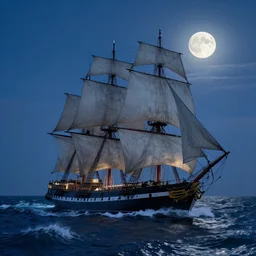 1 8 th century british sailing sailing ship at sea, waves, wind, midnight, moon
