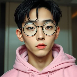 portrait image of a cute androgynous young man with black hair and circular glasses, clean shaven, light pink hoodie, trending on artstation, facial symmetry, by beeple, by hirohiko araki, by takashi murakami, taken at an angle