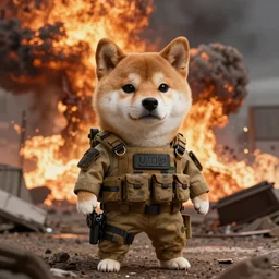 postapocalyptic nuclear explosion cinematic background, still portrait of anthropomorphic nafo shiba inu wearing military tactical gear , 4k trending on artstation