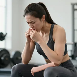 female bodybuilder is sick after workout and puking , realistic, HD