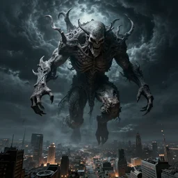 an ultradetailed 3 d render of cthulu descending from space, looming ominous over a city, dark thunderstorm, lovecraftian horror, monster from beneath the waves, intricate detail, cinematic, 8 k, cel shaded, volumetric lighting, octane render, art by greg rutkowski, jeong seon, alphonse mucha, albert bierstadt