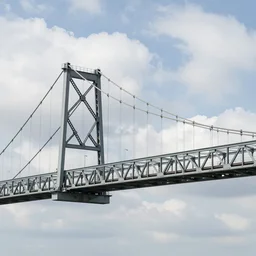 small steel suspension bridge built in 1 9 2 8, side view, puffy clouds in background, ufo floating in the sky, woodcut style, rubber stamp, 8 k