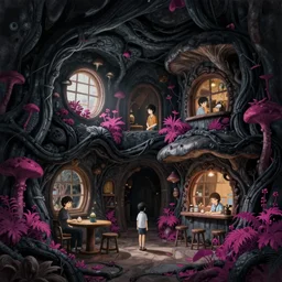 concept art painting of a interior of a fungal cozy alien fantasy fairytale house, with black vines and magenta plants, realistic, detailed, cel shaded, dark, in the style of makoto shinkai and greg rutkowski and james gurney