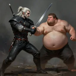 a swordfight between the witcher and an extremely obese man, digital painting, hyper realistic, very detailed, trending in artstation, epic scene, dramatic lighting, matte paint