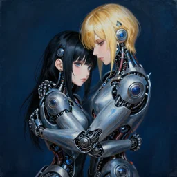 a cyborg - girl with gold hair hugging a cyborg - girl with black hair, highly detailed, painting, dark blue and black color palette, intricate, high quality anime artstyle, in the style of wlop