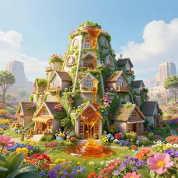 futuristic cottagecore hexagonal skyscraper village covered in bright colourful fields of flower and thick viscous amber nectar